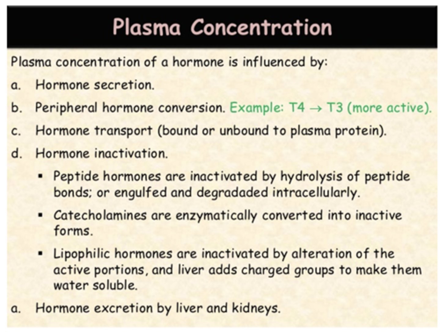 <p>- Hormone secretion</p><p>- Peripheral hormone conversion</p><p>- Hormone transport</p><p>- Hormone inactivation</p><p>- Hormone excretion</p>