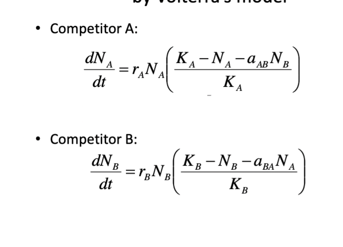 <p>coexistence occurs when a&lt;1 (inter weaker than intra)</p><ul><li><p>when species not competing for resource at the same time/place/way </p></li></ul><p>a=interspecific</p><p>COMPETITION VARIES DEPENDING ON THE SYSTEM</p>