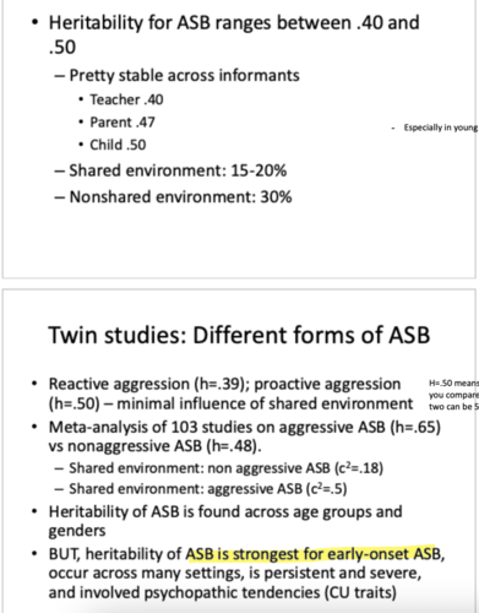 <p>1. genetic factors (heritability, h2)</p><p>2. shared environment factors (c2)</p><p>3. nonshared environmental factors (e2)</p><p>- if genes influence then MZ twins will be more similar to each other than DZ twins (but equal environment assumption!) and strongest for early onset antisocial behaviour</p>