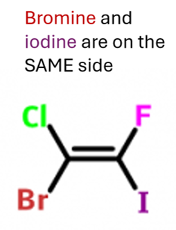 <p>when the atom/group with the highest atomic number of each carbon atom are <strong>on the same side</strong> (<span style="color: blue">Z</span>ame<span style="color: blue"> Z</span>ide) </p>