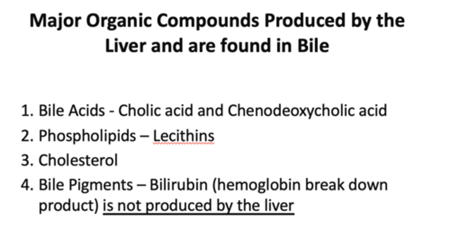 <p>- Bile acids (cholic acid/chenodeoxy)</p><p>- Phospholipids (lecithins)</p><p>- Cholesterol</p><p>- Bile pigments (bilirubin)</p>