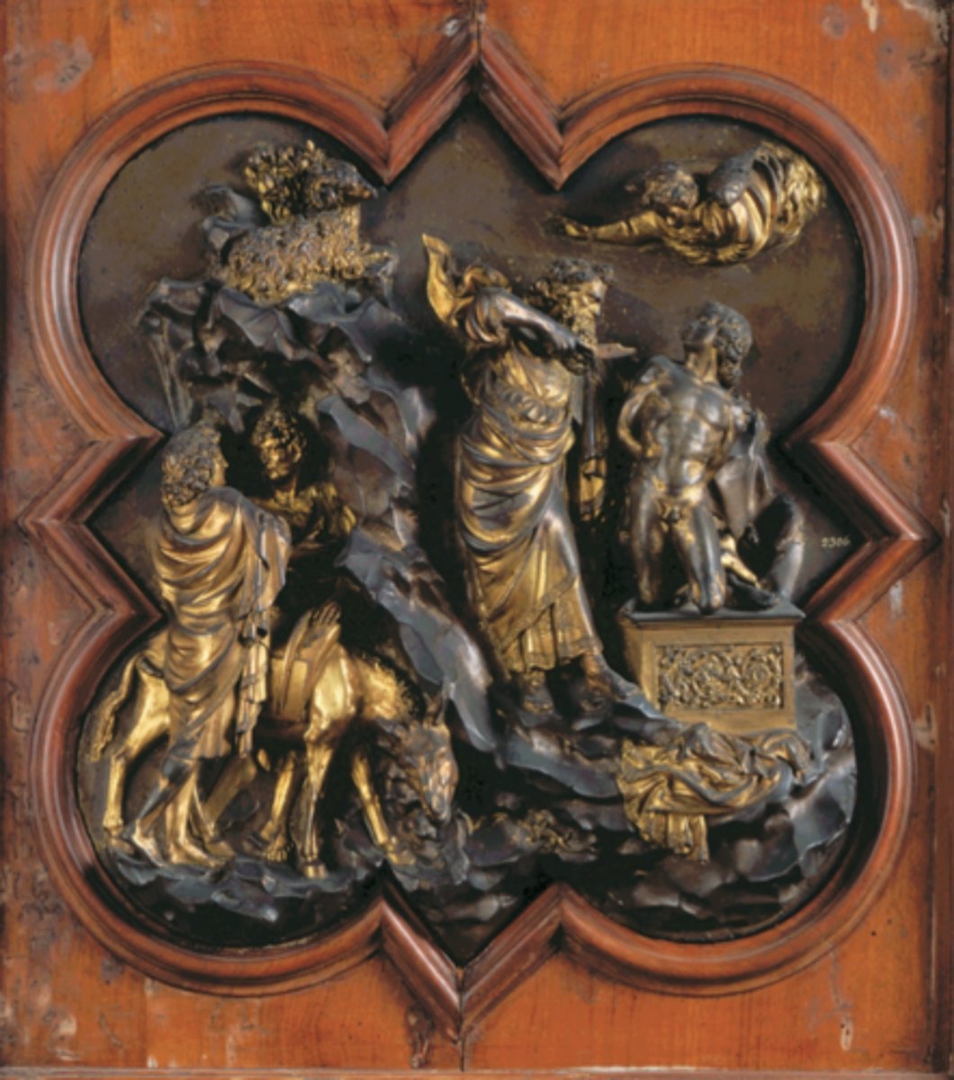 <p>∙ Competition for bronze doors of Florentine baptistery</p><p>∙ based Gen. 22</p><p>∙ Artistic Differences Btwn Brunelleschi's:</p><p>- 23 years old, winner of contest</p><p>- Only cast panel in two pieces</p><p>- Focus on Humanism</p><p>- Violent mvnt, high emotion</p><p>- Artist expresses his genuine appreciation of human form</p><p>- Abraham= lunging forward contemplates actions, drawing back arm to strike; clothed in swirling Gothic robes</p><p>- Issac= classically posed like Greco-Roman statue, 1st classical nude since antiquity; kneeling figure w/ torsion of body, dramatic turn of head w/ posture of ancient Gaul</p><p>- Spacial illusion= rocky landscape emerges from panel towards viewer; foreshortening of figures</p><p>- More stylized and technical</p>