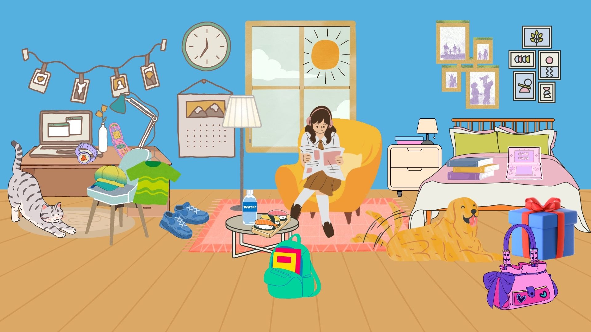 <p>The dog is in front of the bed. </p>