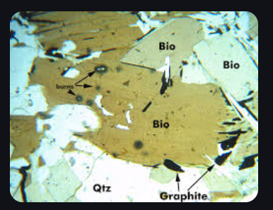 <p>brown/green to reddish brown with 1 basal cleavage plane, strong pleochroism, low to moderate relief, 2nd-3rd order birefringence, and fine twinning. It also has bird’s eye extinction. </p>