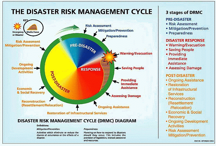 <p>an ongoing process where governments, businesses, and society plan for and reduce the impact of disasters, react to disasters, and take steps to recovery after the event</p>
