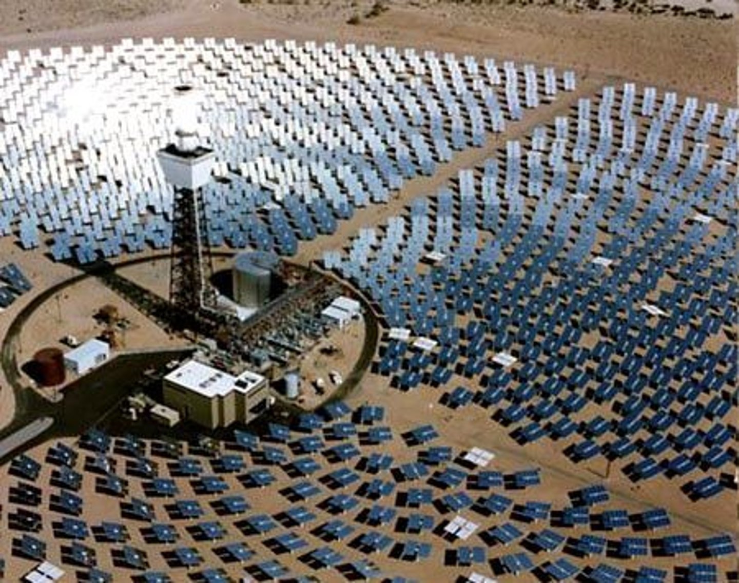 <p>large mirror or lens arrays that concentrate sunlight on a central tower to heat specialized fluids that are then used to heat water into steam to run turbines to generate electricity</p>