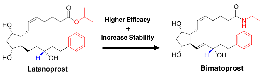 <p><strong>The modification in bimatoprost that increases both efficacy and stability is:</strong></p>