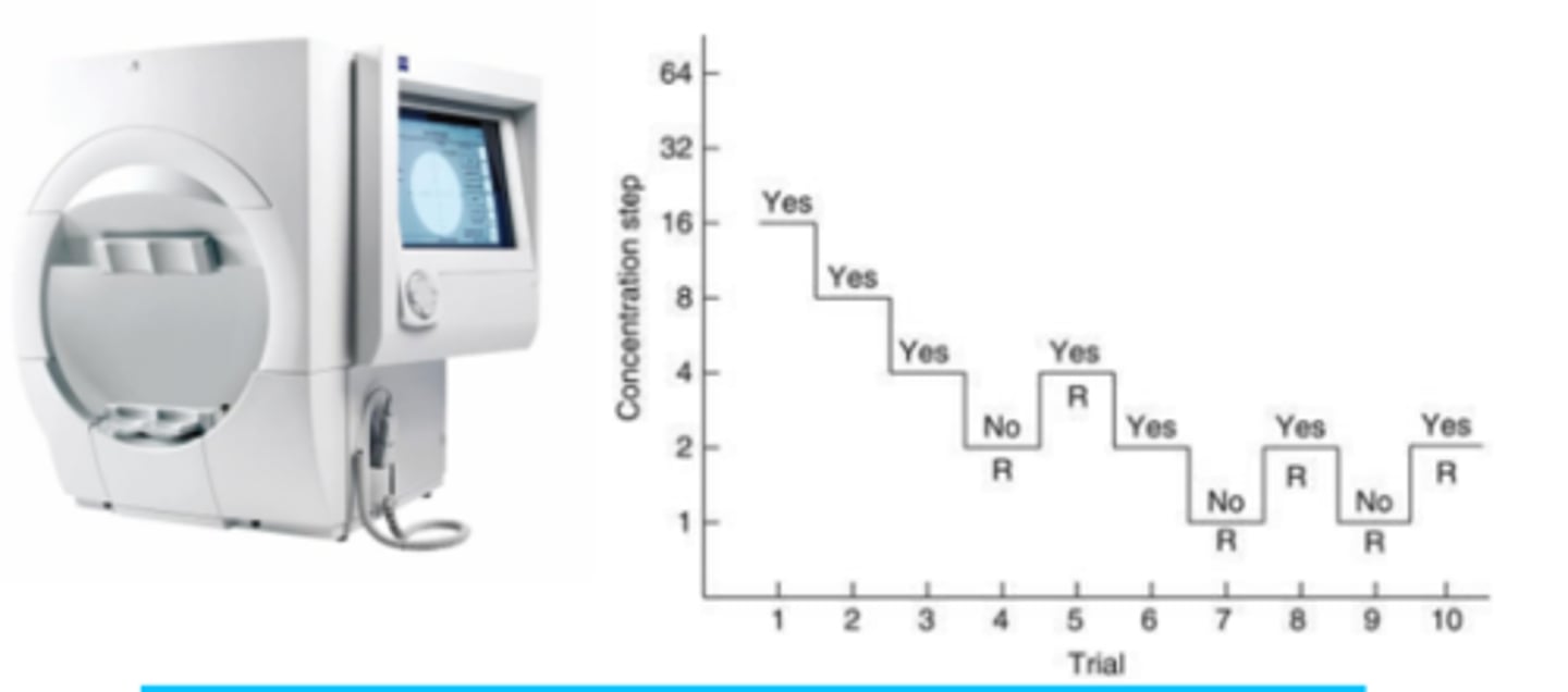 <p>psychophysical method that differs from classical psychophysical methods because stimulus presentations are at or near the presumed value of the threshold and is then adjusted depending on the patient's response. Threshold is determined by the average of the reversal points. Ie) staircase method, magnitude adjustment.</p>