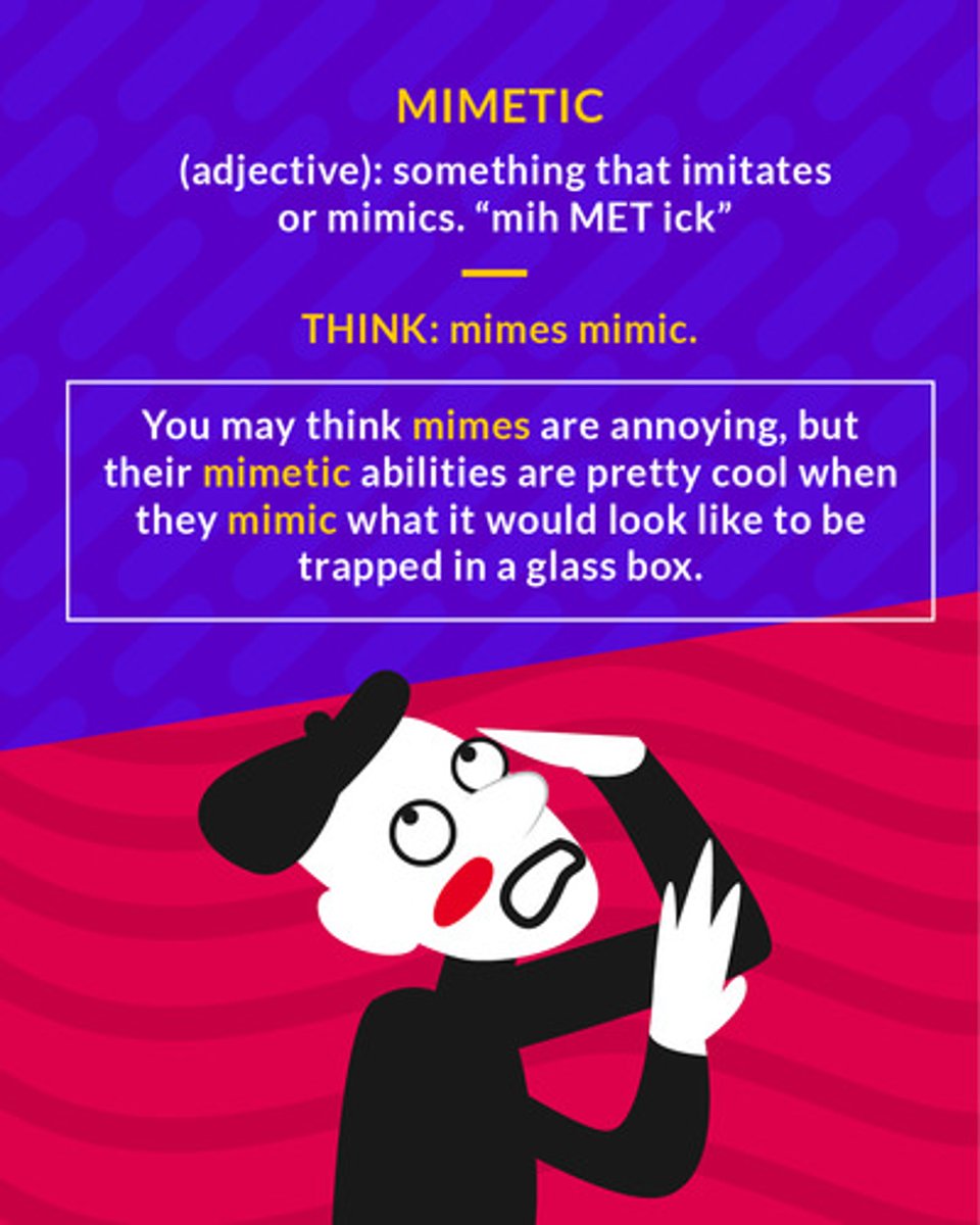 <p>mimic, copy</p><p>(adj.) something that imitates or mimics</p>