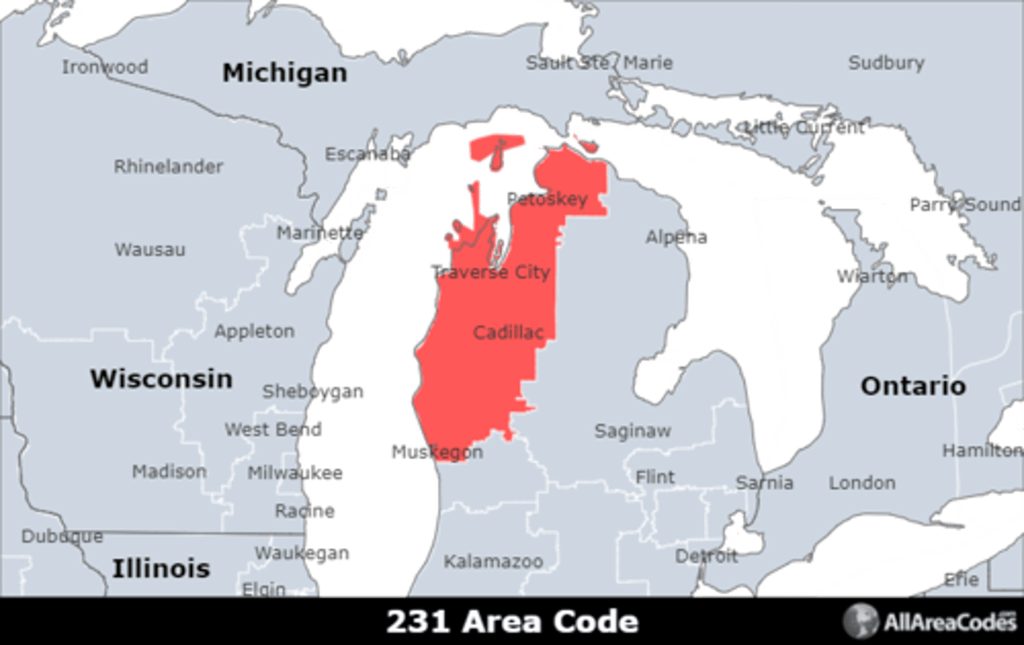 <p>Area code 231 is located in northwestern Michigan and covers Muskegon, Norton Shores, and Traverse City. It is the only area code that serves the area.</p>