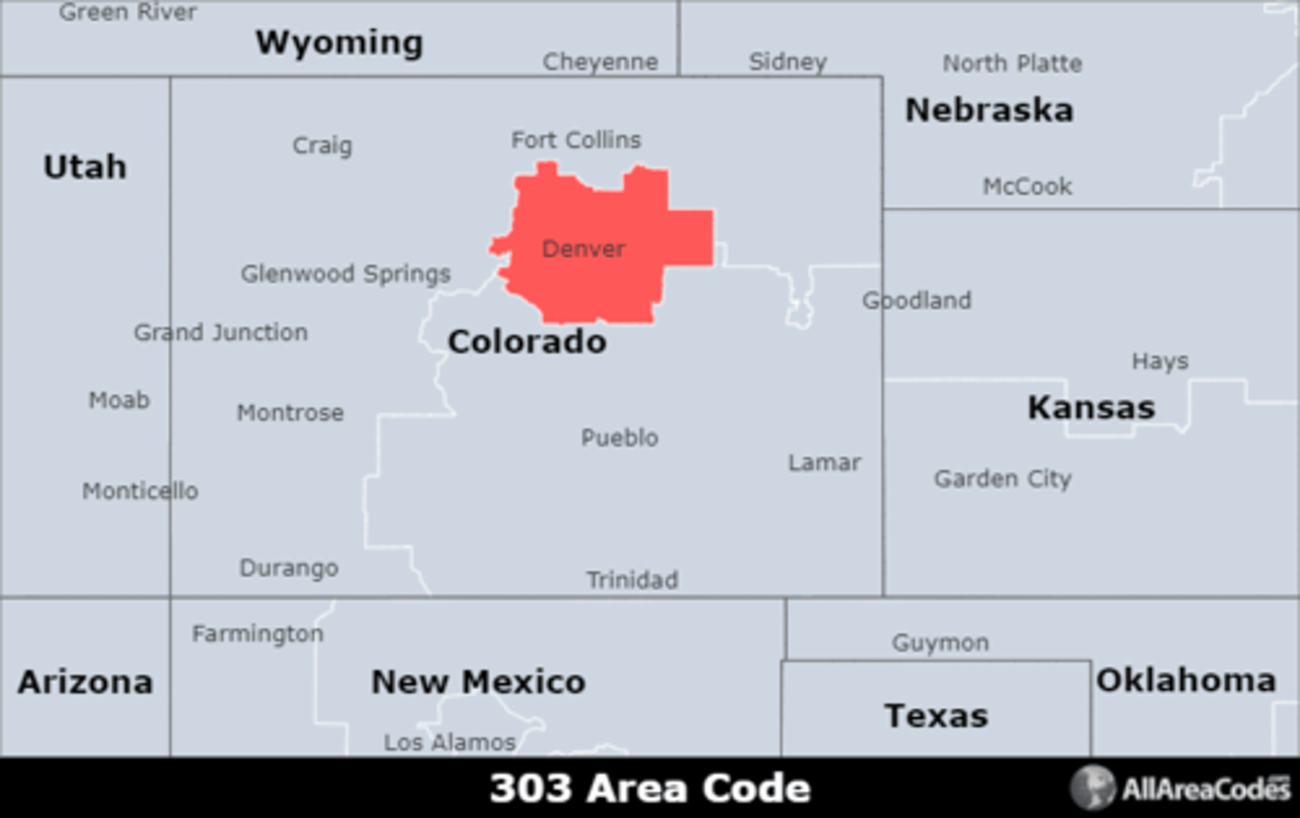 <p>Area code 303 is located in central Colorado and covers Denver, Aurora, Lakewood, Thornton, Arvada, Westminster, and Centennial. It has a single overlay (720) that serves the same area.</p>