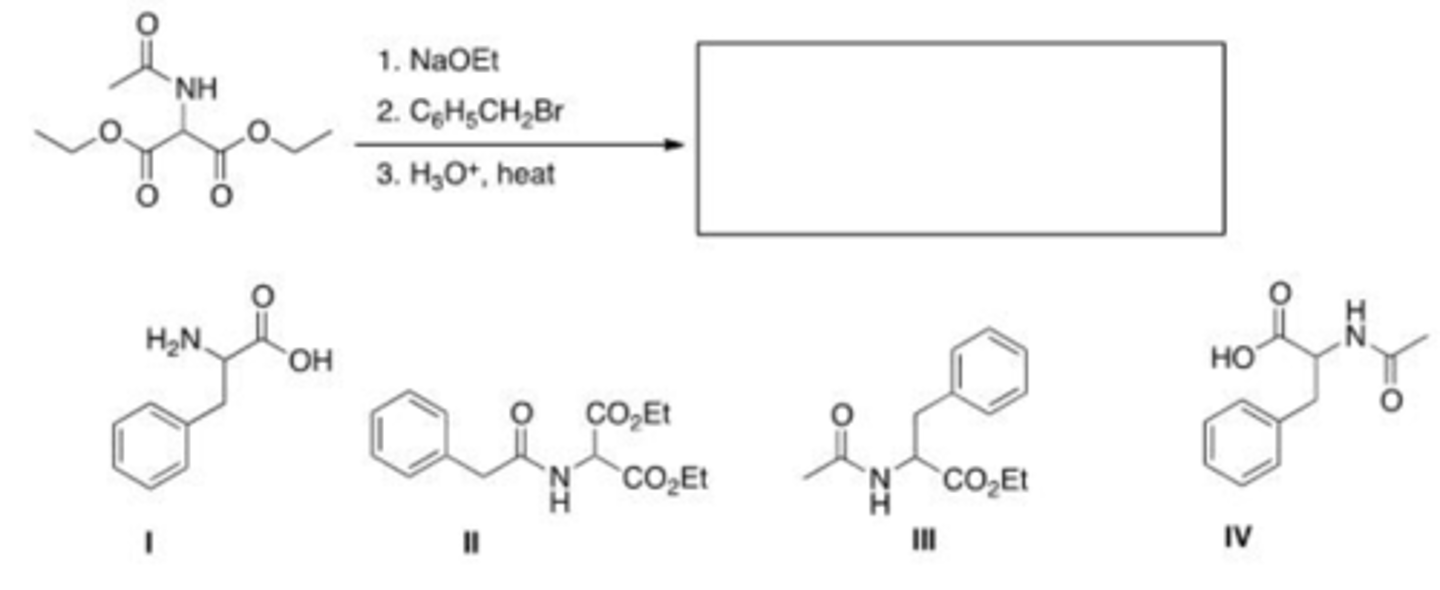<p>The malonic ester synthesis can be adapted to synthesize a-amino acids by using diethyl acetamidomalonate as the starting material. Select the structure of the amino acid produced by the following synthesis.</p><p>A. I</p><p>B. II</p><p>C. III</p><p>D. IV</p>