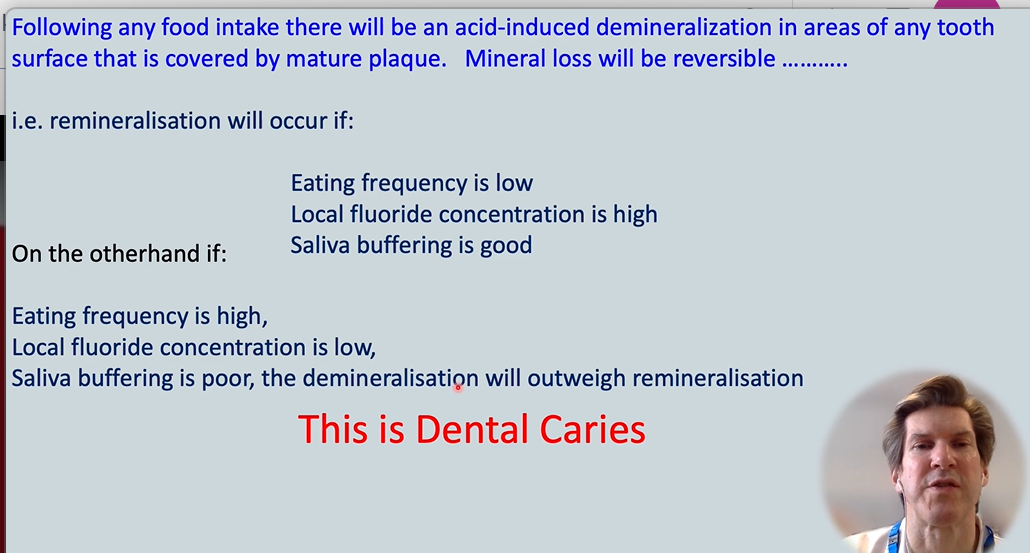 <p>saliva + hygiene + fluoride + natural protective factors = <strong>remineralisation </strong></p><p>saliva buffering, saliva flow, presence of fluoride and carbohydrate intake will influence plaque </p>