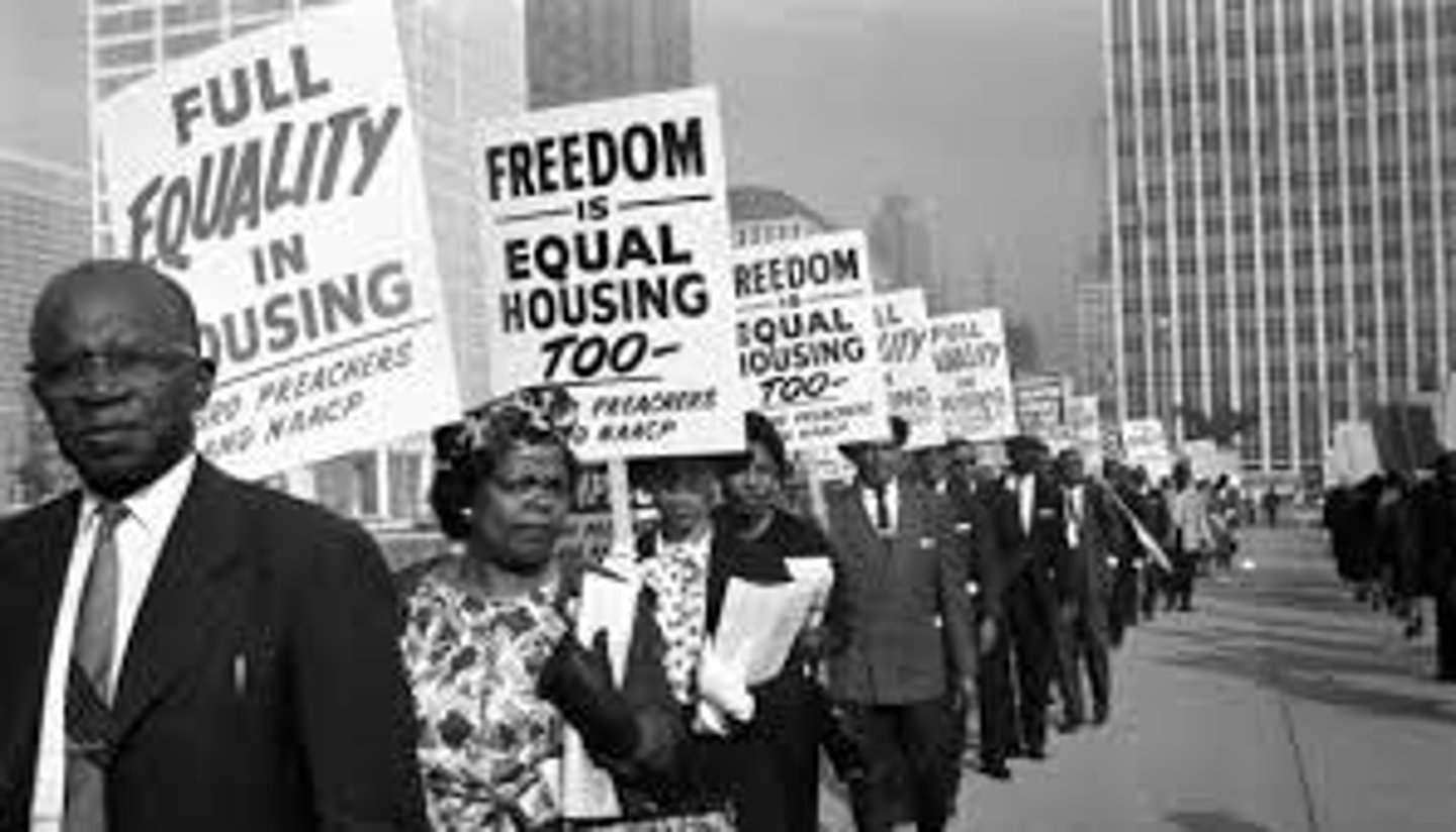 <p>Prohibited discrimination in housing.</p><p>However, homes were no longer affordable to a lot of black people, as home prices had gone up, and only white people with equity built up could afford them.</p>