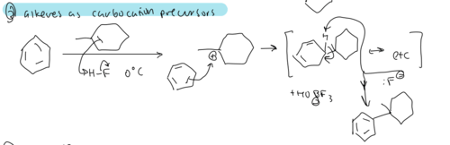 <p>treating alkene with H-X can form a carbocation that gets attacked by benzene and deprotonated by the X-</p>
