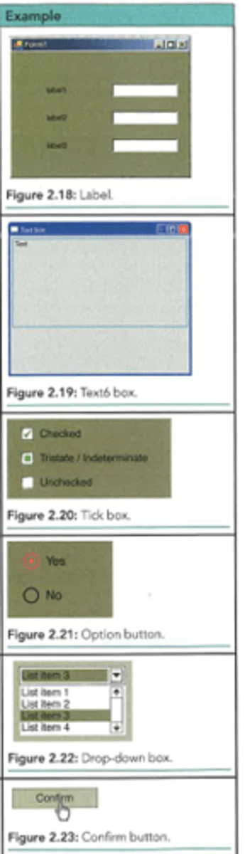 <p>Elements used in GUIs for input or displaying data.</p><p>Labels: Text prompts that cannot be edited.</p><p>Text boxes: Allow users to type in data (e.g., name).</p><p>Tick boxes (Checkboxes): Multiple selections from a set.</p><p>Option buttons (Radio buttons): Only one selection per group.</p><p>Drop-down boxes: Single selection from a long list.</p><p>Buttons: Used to confirm actions, navigate, clear data, or request help.</p>