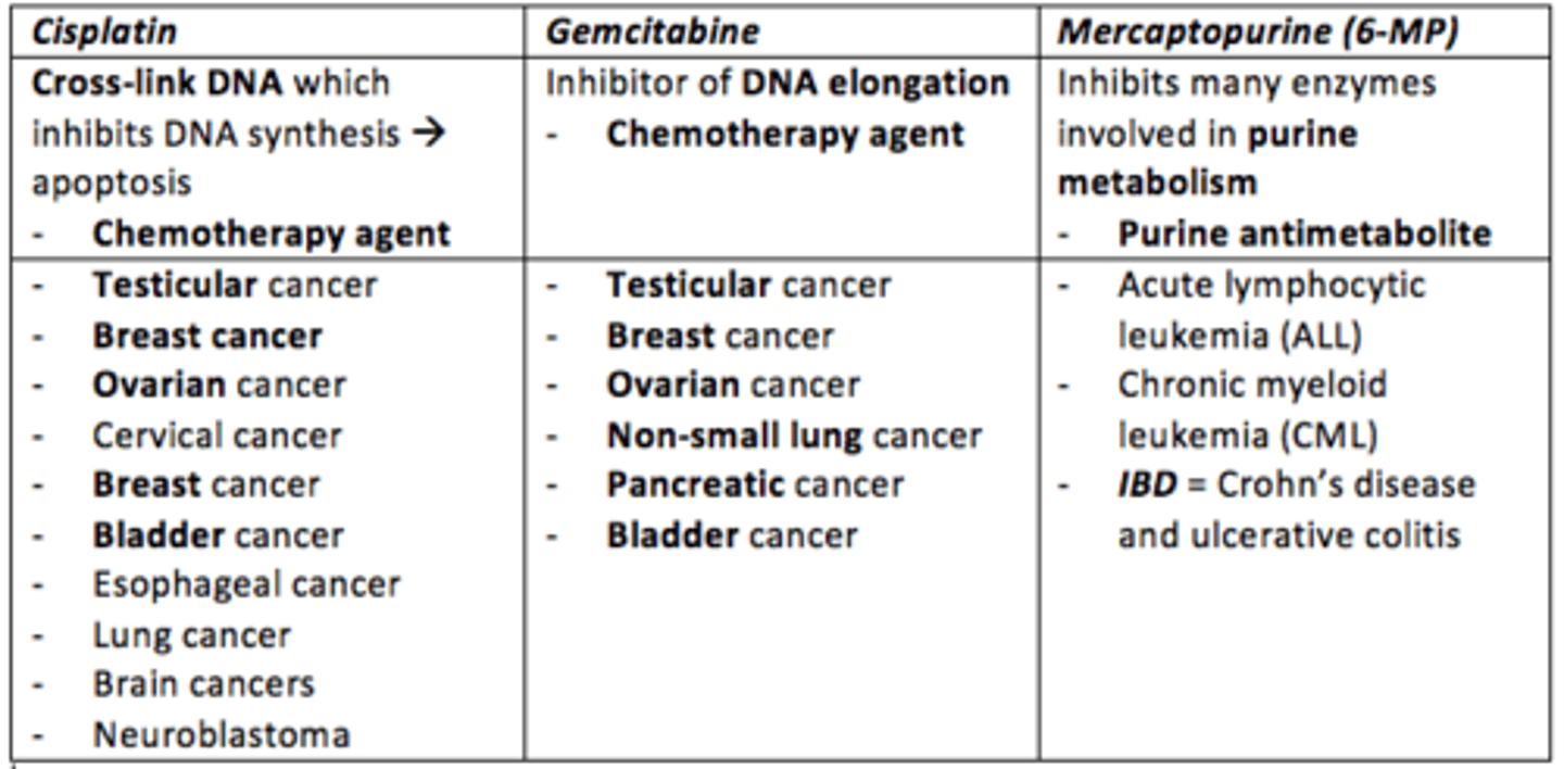 <p>- Chemotherapy agent</p><p>- Cross-links DNA which inhibits DNA synthesis leading to apoptosis</p><p>- Treats: testicular, ovarian, cervical, breast, bladder, esophageal, lung, brain cancers and neuroblastoma</p>
