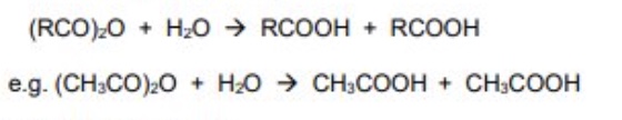 <ul><li><p>Cos can also be prepared using acid anhydrides </p></li><li><p>acid anhydrides react with water to form carboxylic acids </p></li><li><p>if it is a symmetrical acid anhydride, then 2 of the same CA is formed </p></li></ul><p></p>