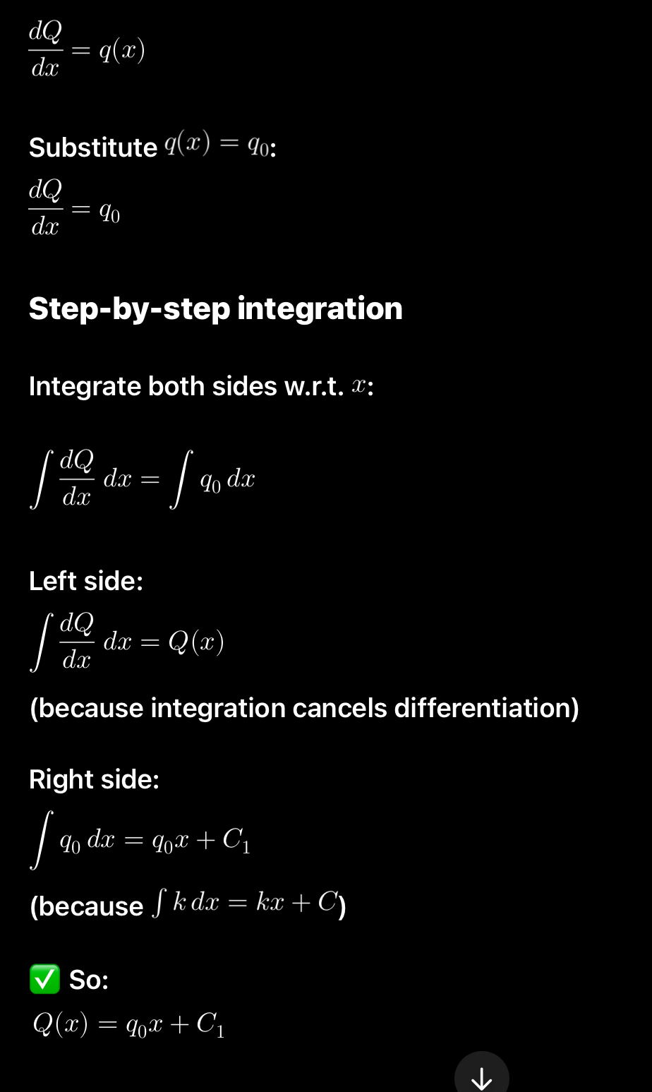 <p>If q(x) is a Uniformly Distributed Load (UDL) of intensity q0, i.e., it is not a function of x, then Eqs (3.4) and (3.6) show (by integrating) that the shear force Q will be a linear function of x, while the bending moment M will be quadratic function of x.</p>