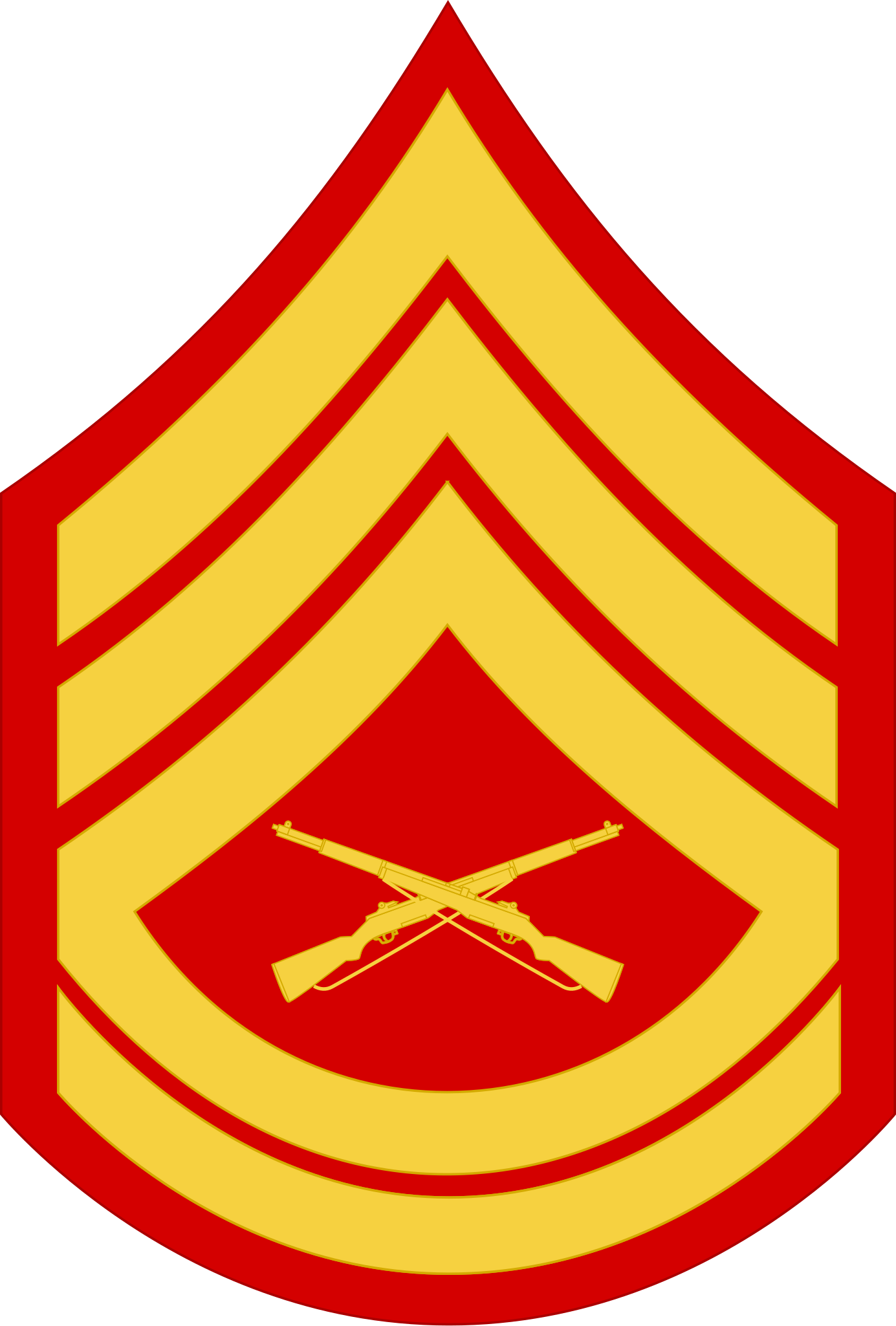 <p>three chevrons, two rockers, and a pair of crossed rifles</p>