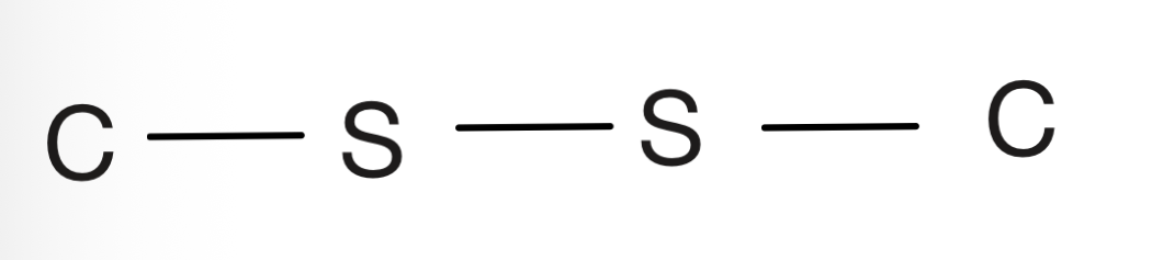 <p>Two sulfurs bonded in the center, with two carbons on either side, the carbons cannot have a double bond to oxygens</p>