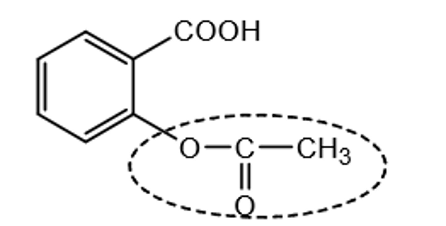 <p>the acetoxy group= covalently bonds to Ser in COX</p><p>(diflunisal has COOH that reversibly interacts with Arg120)</p>