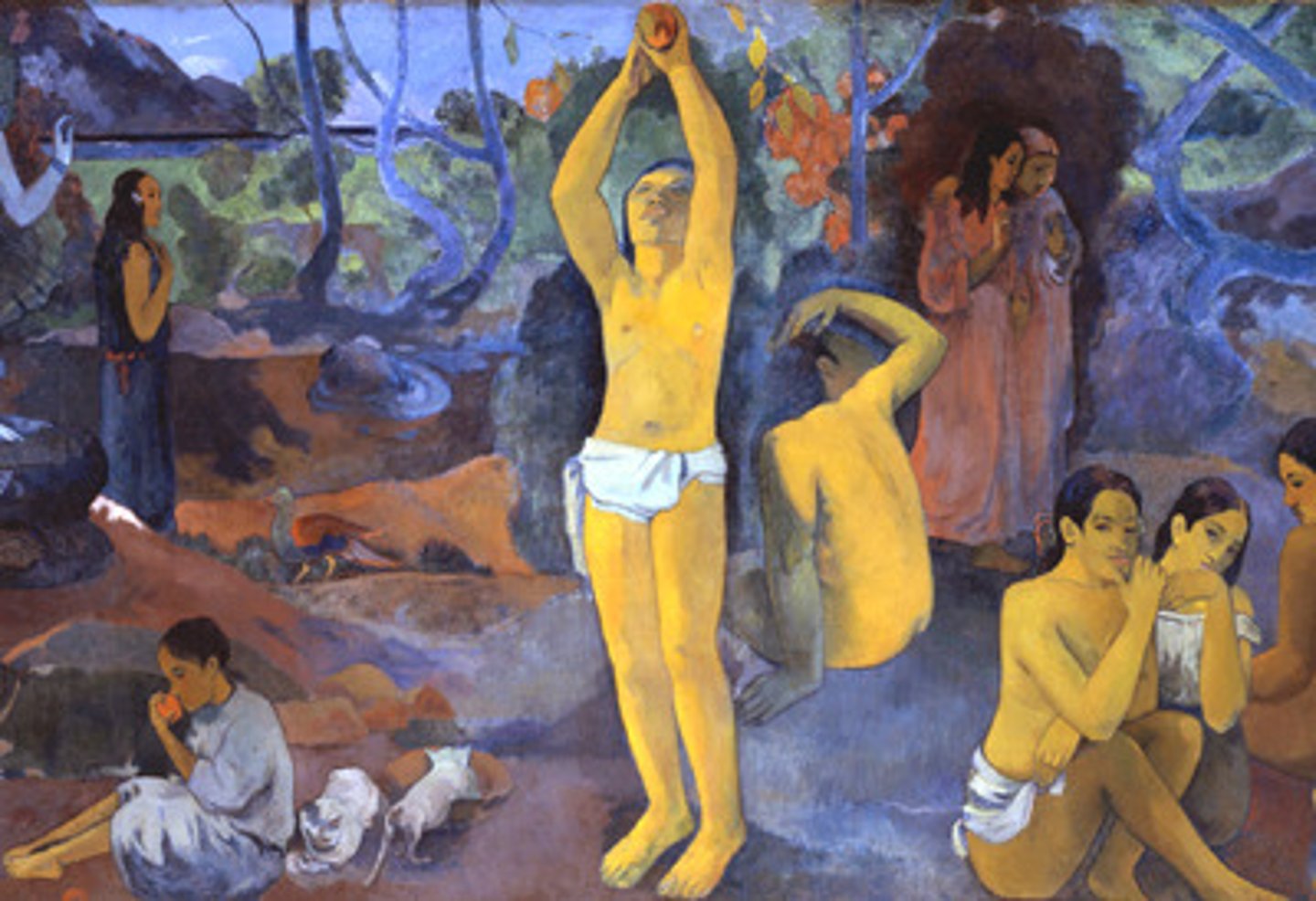 <p>1897-1898. Paul Gaughin. Oil on canvas. Post-impressionism.<br>Lots of his work (including this) contains suicidal ideology<br>Ill from a fracturedankle, syuphilis, poverty and when he heard of his daughter's death he resolved to commit suicide. Left this painting as his left will<br>CONTINUOS NARRATIVE<br>Right to left: Infant, figure reaching for fruit, older figure. Birth, life, and death.<br>Associated with the SYMBOLISM movement. Personal imagery.<br>Figures in front are in an 'eden'. Those in back are anguished, darker.<br>Non-western influences: egyptian, japanese and tahitian imagery/symbols.<br>Non-conventional colors: Vibrant yellow for skin tone, blue shading.</p>