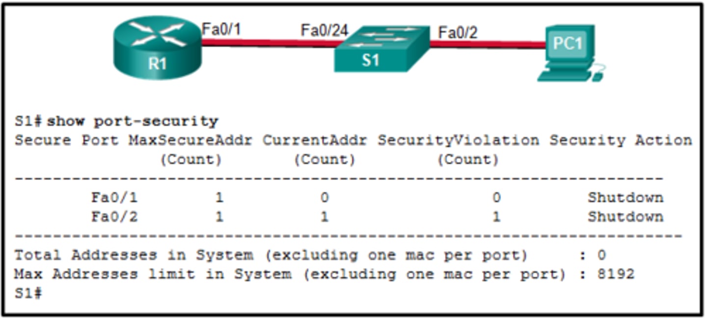 <p>The MAC address of PC1 that connects to the Fa0/2 interface is not the configured MAC address.</p>
