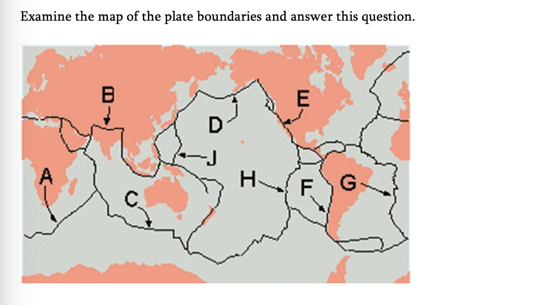 <p><span style="font-family: Times, serif;"><span>22.&nbsp;Oceanic lithosphere is being destroyed at ___.&nbsp;</span><span><br></span><span>A.&nbsp;C</span><span><br></span><span>B.&nbsp;D</span><span><br></span><span>C.&nbsp;H</span><span><br></span><span>D.&nbsp;G</span></span></p>