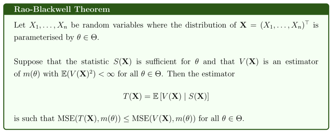 <p>We will have equality if and only if $$V(X)$$ is a function of X only through $$S(X)$$.</p><p></p><p>If $$V(X)$$ is unbiased for $$m(\theta)$$, then $$T(X)$$ is also unbiased for $$m(\theta)$$ and $$Var(T(X)) \leq Var(V(X))$$ </p><p></p><p>$$T(X)$$ does not depend on $$\theta$$ because the distribution of X, conditional on $$S(X)$$ does not depend on $$\theta$$ (since $$S(X)$$ is sufficient for $$\theta$$)</p><p></p><p>Essentially: if we take an estimator $$V(X)$$ for $$m(\theta)$$ and then take the expectation of $$V(X)$$ conditional on $$S(X)$$, where $$S(X)$$ is a sufficient statistic for $$\theta$$, then we will obtain an estimator with mean squared error that is less than or equal to that of the original estimator $$V(X)$$.</p>