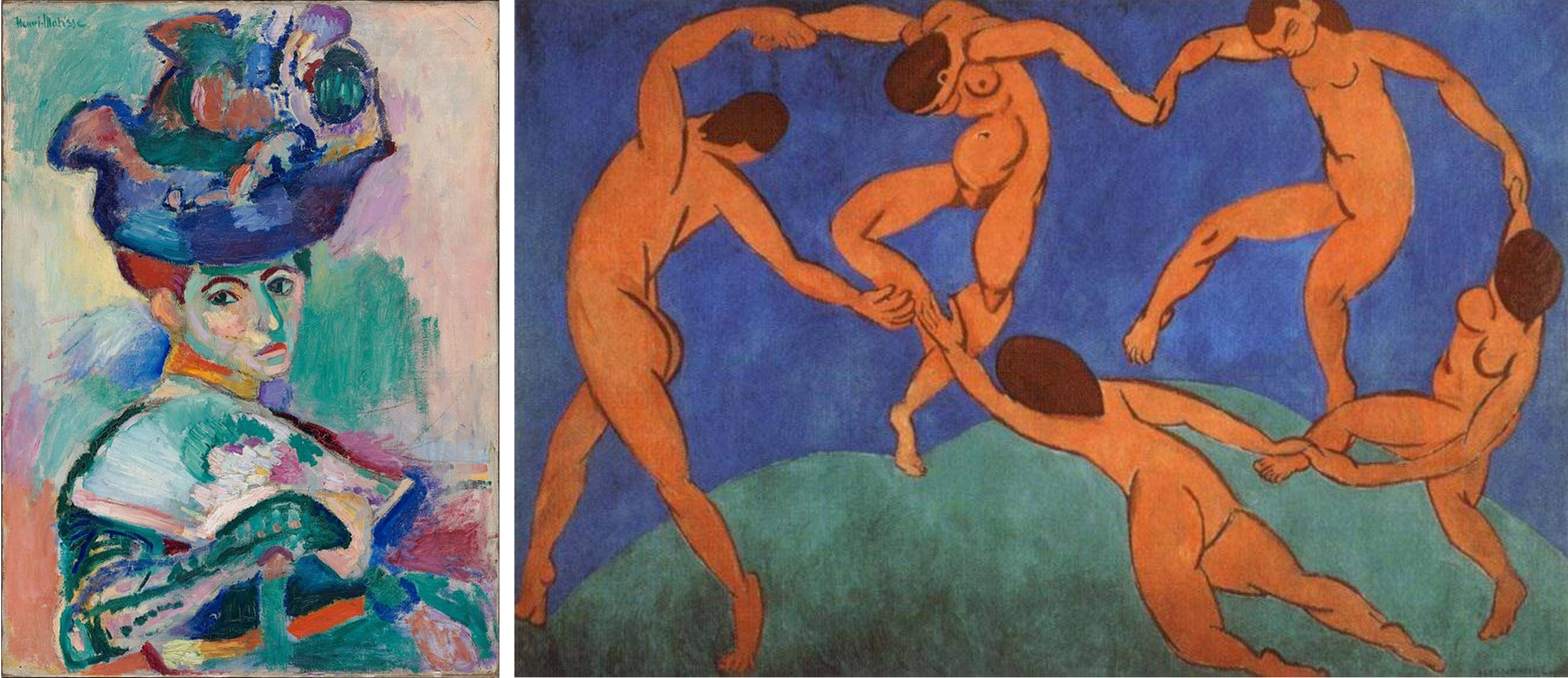 <ul><li><p><span>leader of the </span><strong>Fauves group</strong><span>, whose vividly colored canvases were described as being the work of wild beasts (Fauves in French)</span></p></li><li><p><span>creative flouting of the conventional rules of drawing and perspective, as well as his fluid and innovative draftsmanship</span></p></li><li><p><span><strong>woman with a hat</strong></span></p></li><li><p><span><strong>la dance</strong></span></p></li></ul><p></p>