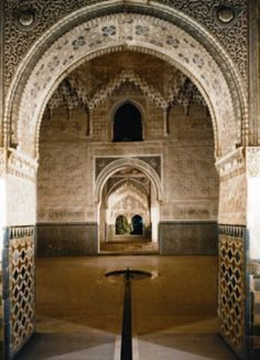 <p>Two-storied hall with decorated walls of geometric, floral, and vegetal patterns. Features calligraphic borders. Contains muqarna dome.</p>