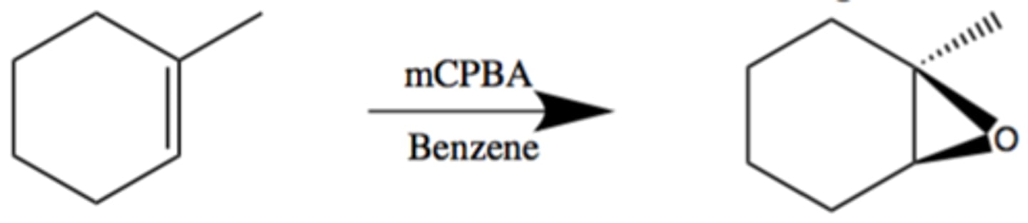 <p>Syn. +/-</p><p>Solvent often benzene.</p><p>using mCPBA a Peroxy Acid (-COOH)</p>