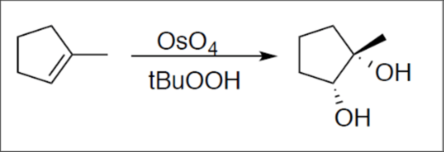 <p>Carbocation: no</p><p>Regiochemistry: N/A</p><p>Stereoselectivity: syn</p><p>Reagent(s): OsO4 over tBuOOH</p><p>- syn addition of two OH on either side of alkene</p>