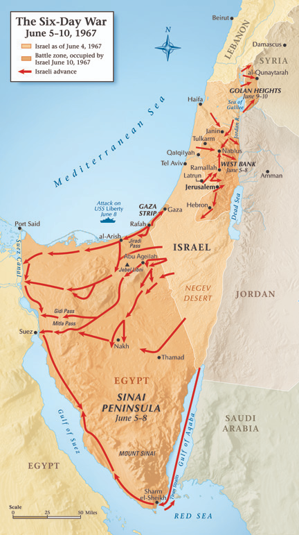 <p>1967 conflict where Israel fought Egypt, Syria, and Jordan, achieving rapid victory through preemptive airstrikes and armored maneuver.</p>