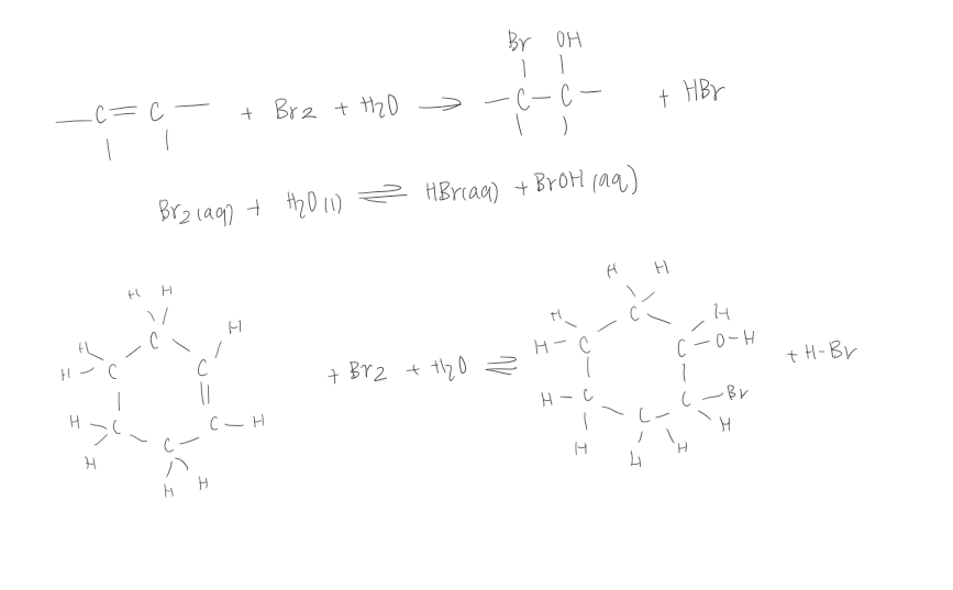 <p></p><ul><li><p><span>A positive test will still result in the decolourisation of the bromine water</span></p></li><li><p><span>However, water will also react to produce a bromohydrin, containing a bromine atom and a hydroxyl group</span></p></li></ul><p></p>