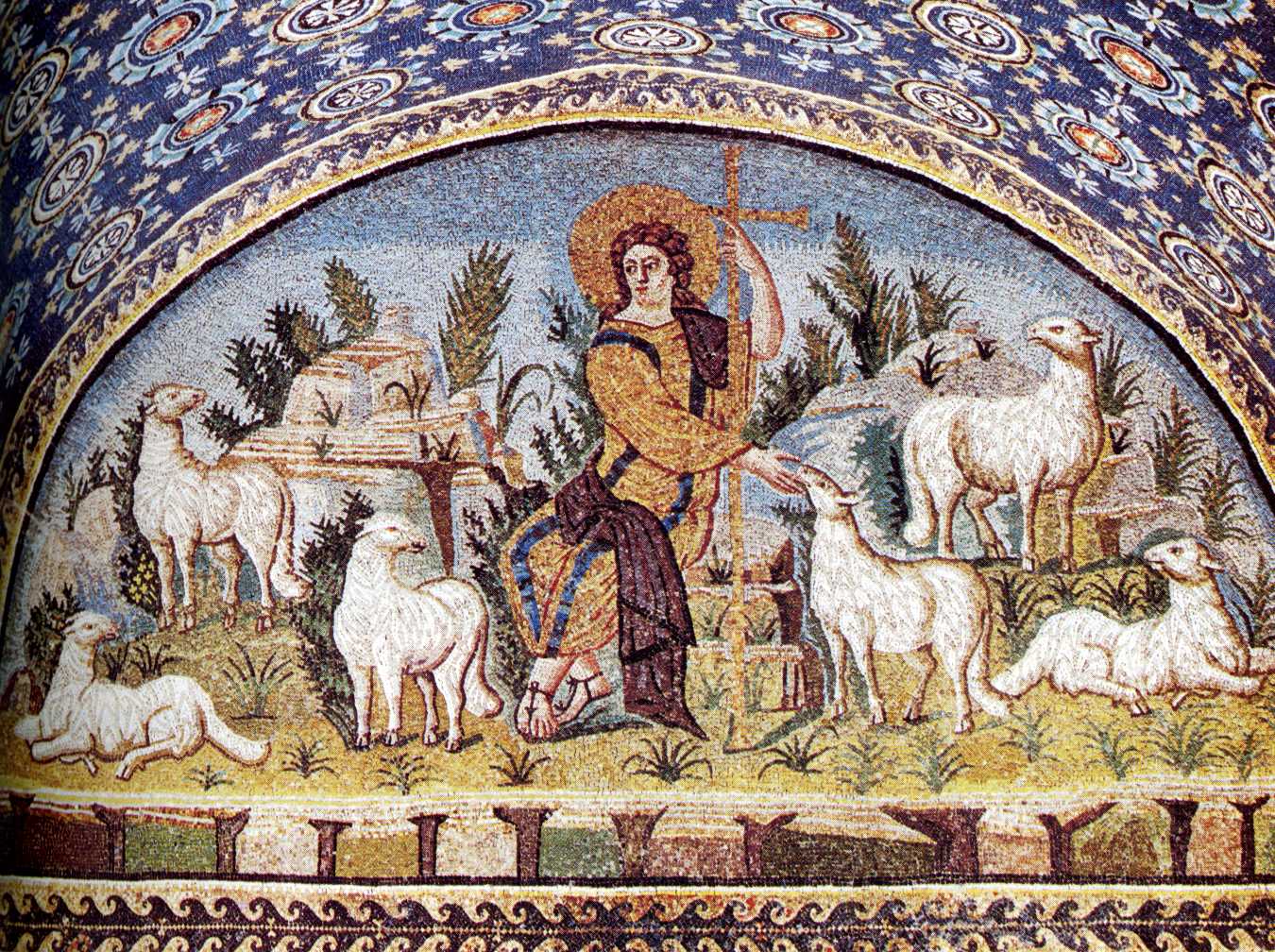 <p>The Good Shepherd is a common motif from the Catacombs of Rome and in sarcophagus reliefs, where Christian and pagan symbolism are often combined, making secure identifications difficult.</p>