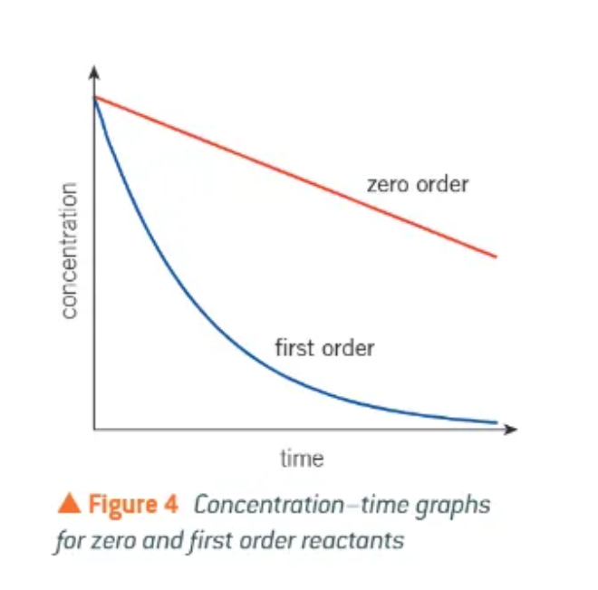 <p>0 order = a straight line going downwards → reaction rate doesn’t change!  </p><p>1 order = a curved line going downwards</p>