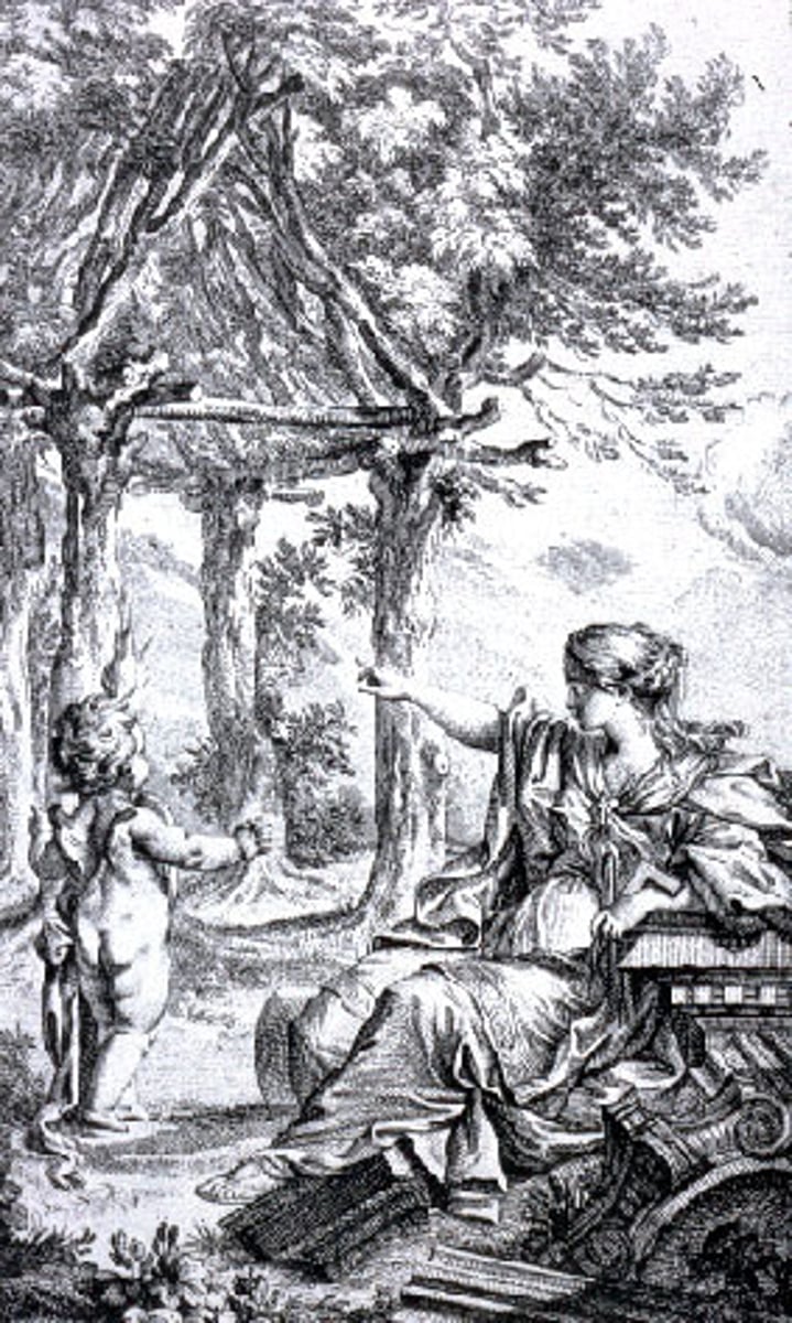 <p>Laugier's "Essai sur l'architecture" 1752: shows primitive hut- trunks support - branches entablature and pediment</p>