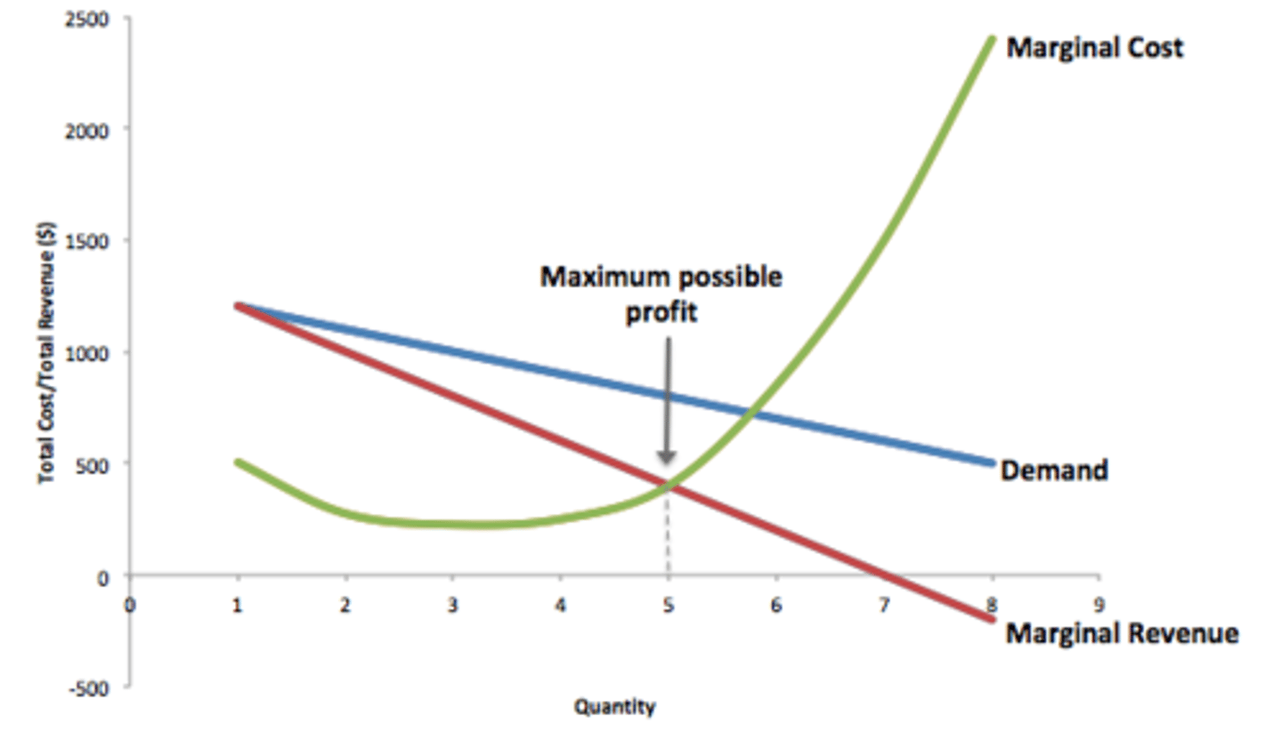 <p>A firm chooses a quantity of output so that marginal revenue equals marginal cost.</p>