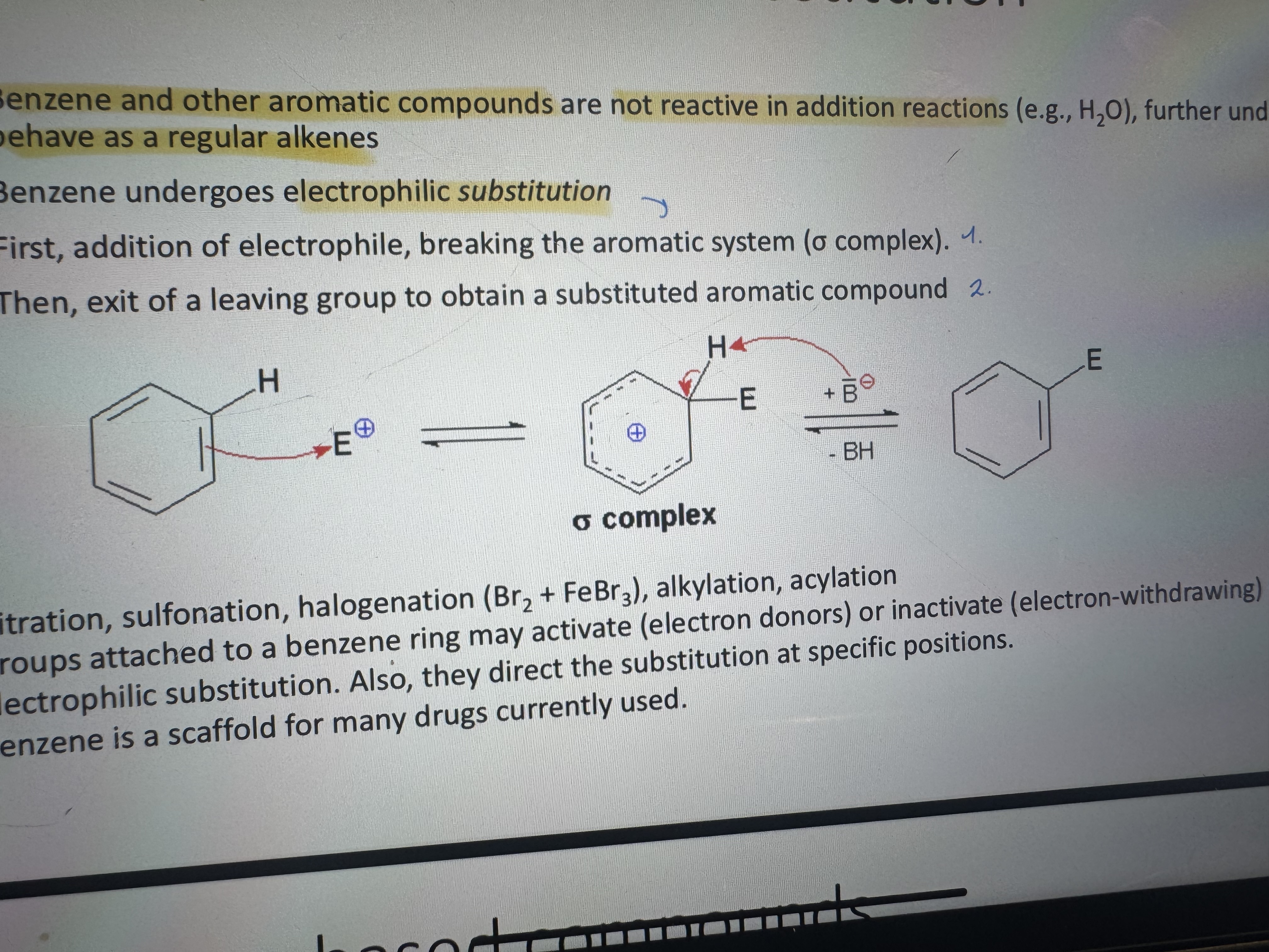 <p>first, addition of electrophile, breaking the aromatic system</p><p>then, exit of a leaving group to obtain a substituted aromatic compound</p>