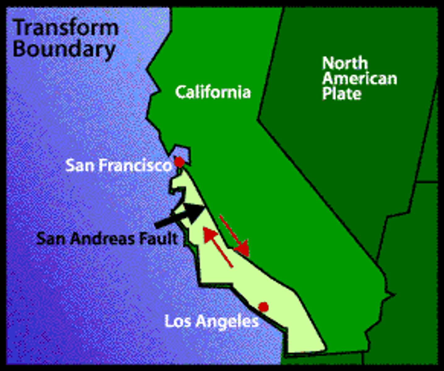 <p>Found near the western coast of North America. Where the Pacific and North American plates move relative to each other.</p>
