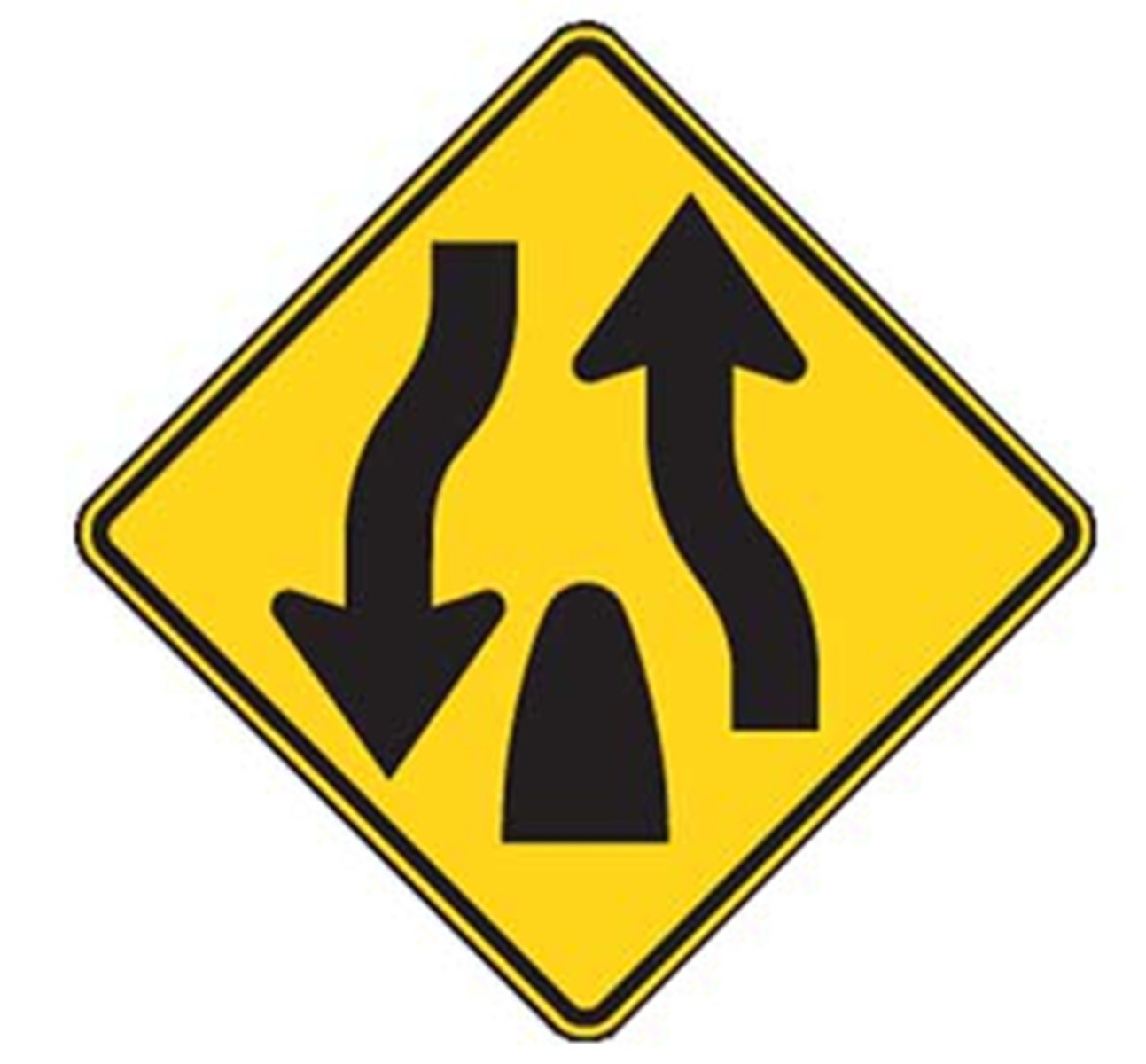 <p>The divided highway on which you are traveling ends 350 to 500 feet ahead. You will then be on a roadway with two-way traffic. Keep to the right of approaching traffic.</p>