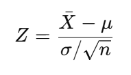 <p>• Z: Standardized score</p><p>• <code>\(\bar{X}\)</code>: Sample mean</p><p>• μ: Population mean</p><p>• σ: Population standard deviation</p><p>• n: Sample size</p><p>Use: Converts a sample mean to a Z-score to find probabilities using the standard normal distribution.</p>