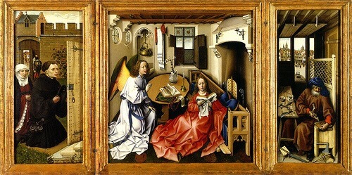 <p>FLEMISH RENAISSANCE, Robert Campin, 1428</p><ul><li><p>anachronism —&gt; out of time period</p></li><li><p>symbols of Christ + crucifixion</p></li><li><p>Christ’s death is mouse trap</p></li></ul><p></p>