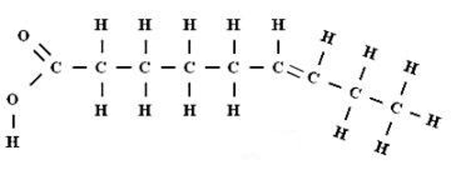 <p>Two covalent single C-C bonds angle in the same direction adjacent to the C=C double bond, unsaturated</p>