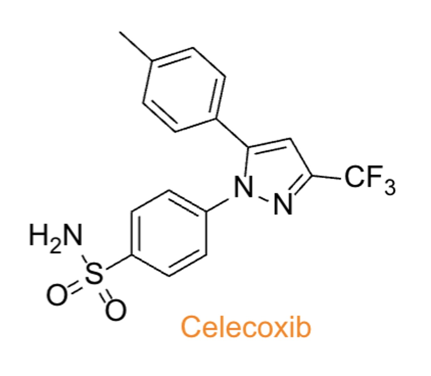 <p>- TC: analgesic &amp; anti-inflammatory</p><p>- PC/MOA: COX2 inhibitor</p><p>- CC: diaryl-substituted pyrazole</p>