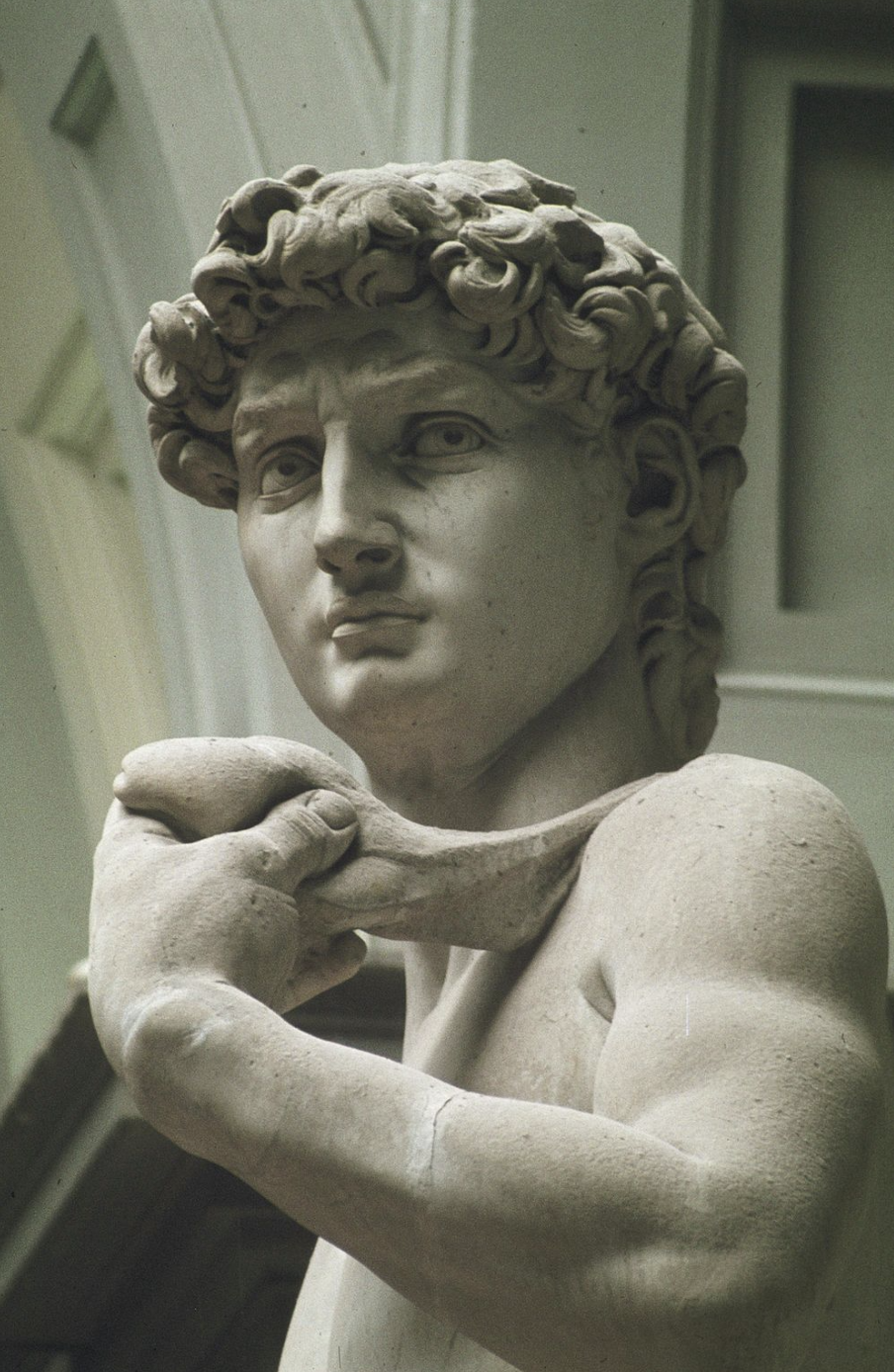 <p>Statue was going to be placed in a cathedral at the center of Florence, much larger since it had to be visible from far away (14ft 3in). David from the old testament, was the patron of Florence. David was then placed in front of city hall at street level. David here is much older than other figures, he doesn’t have the head of goliath at his feet. He seems to be looking at something in the distance (Michelangelo seemed to be showing David watching out for Goliath in the distance. Could be a warning for the people of Florence to watch out to threats to their republic (Medici family plotting to return to power)</p>