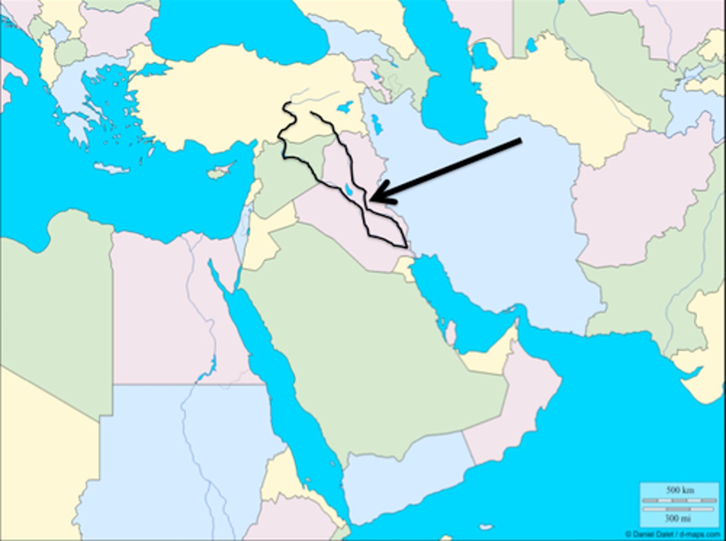<p>one of the two largest rivers in Southwest Asia that flow from the mountains in Turkey to the Persian Gulf. This river is east of the other.</p>