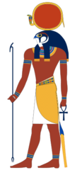 Appearance: shown with the head of a falcon w/ a sun disk on his head

Role: (merging of Horus and Re) sun god